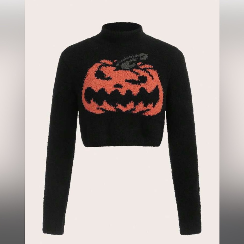 ROMWE Halloween Pumpkin Pattern Mock Neck Crop Sweater - Picture 1 of 4
